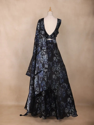 Navy Blue Floral Design Organza Lehenga - Diadem