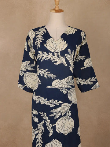 Navy Blue Floral Design Printed Satin Salwar Suit - Diadem