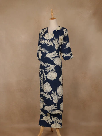 Navy Blue Floral Design Printed Satin Salwar Suit - Diadem