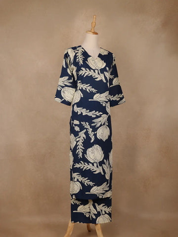 Navy Blue Floral Design Printed Satin Salwar Suit - Diadem