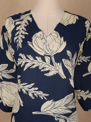 Navy Blue Floral Design Printed Satin Salwar Suit - Diadem