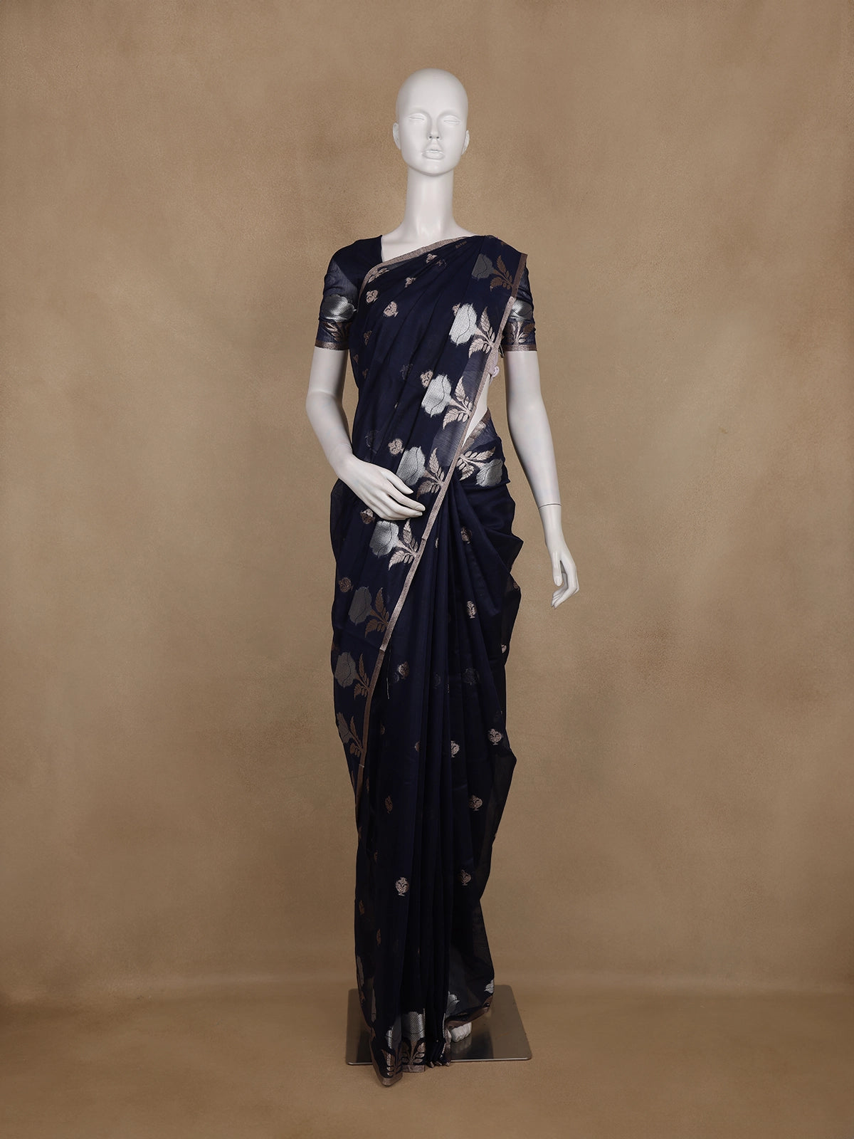 Navy Blue Floral Design Semi Banarasi Silk Saree