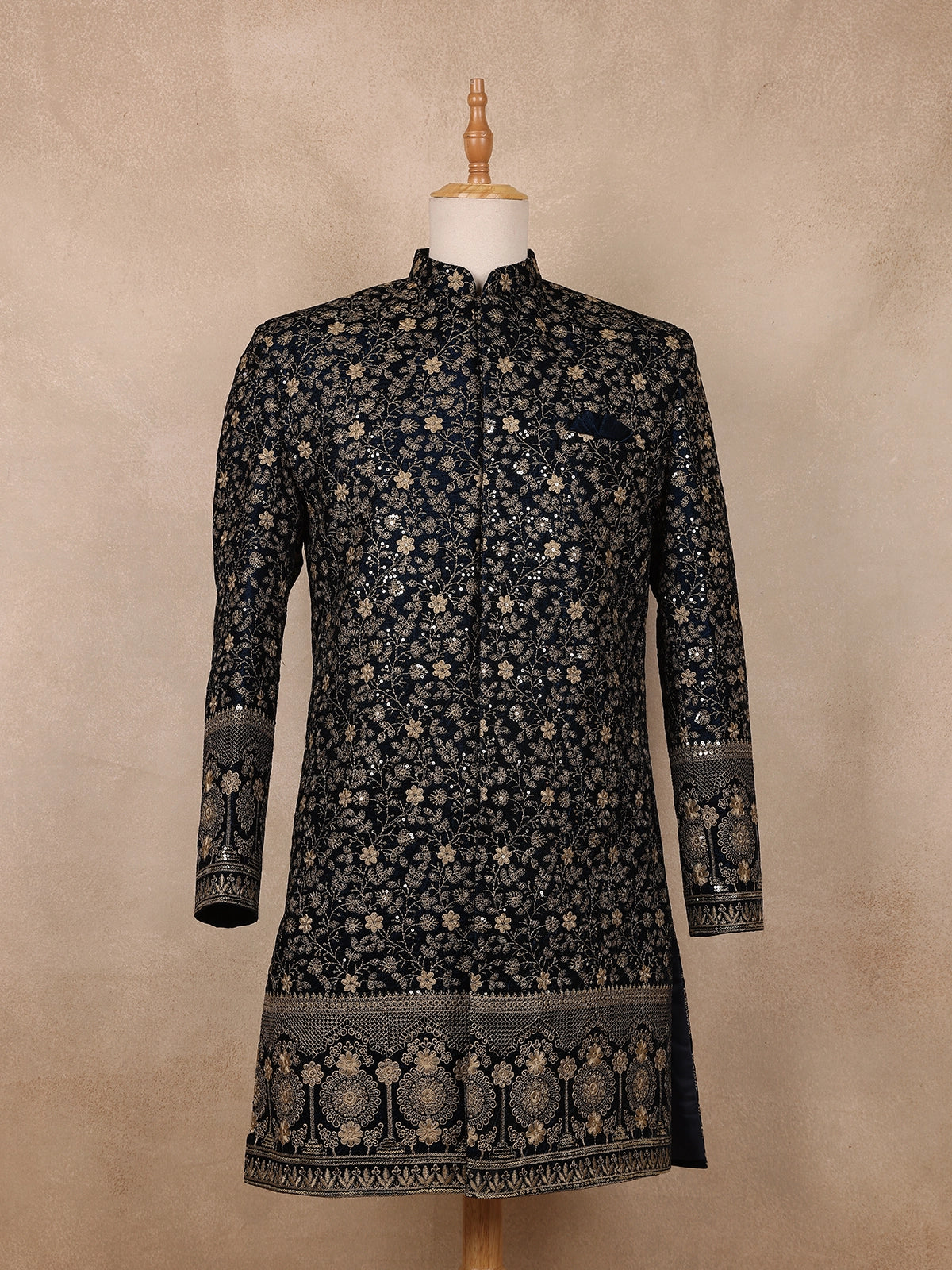 Navy Blue  Floral Designed Velvet Sherwani Suit