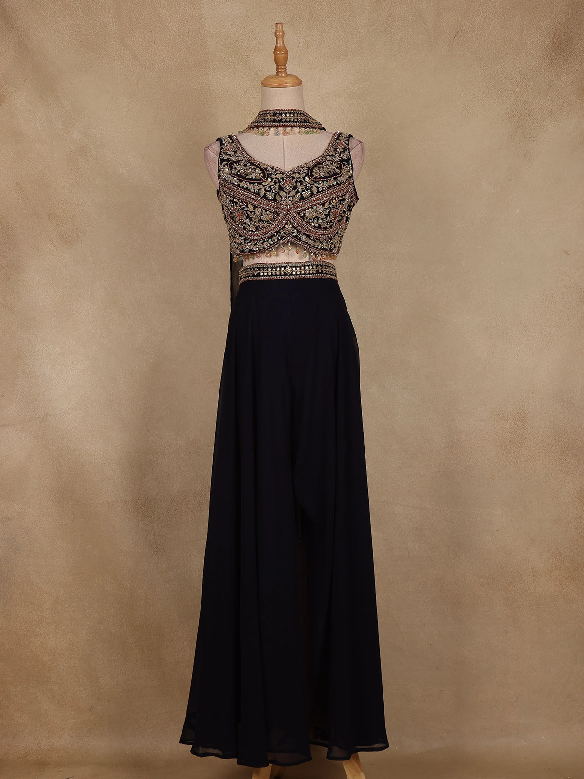 Navy Blue Floral Embroidered Chiffon Palazzo Suit