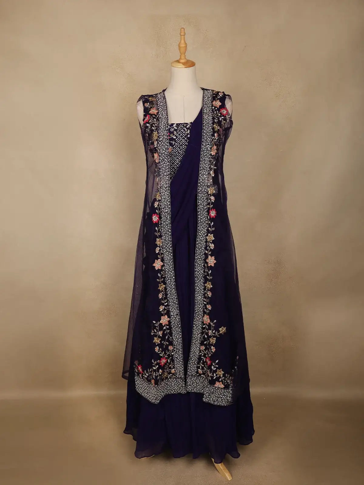 Navy Blue Floral Embroidered Design Chiffon Lehenga