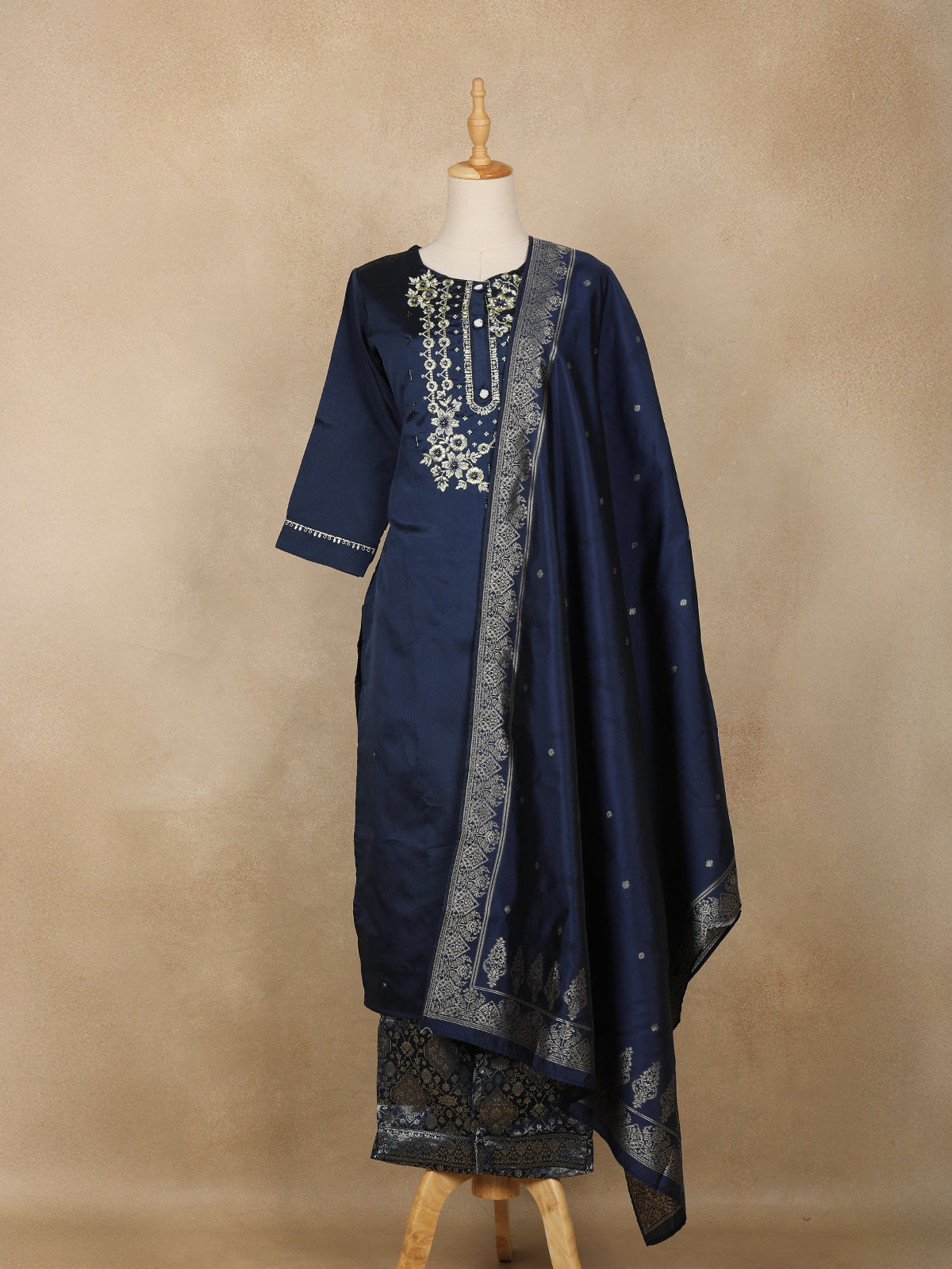 Navy Blue Floral Embroidered Design Semi Silk Salwar Suit