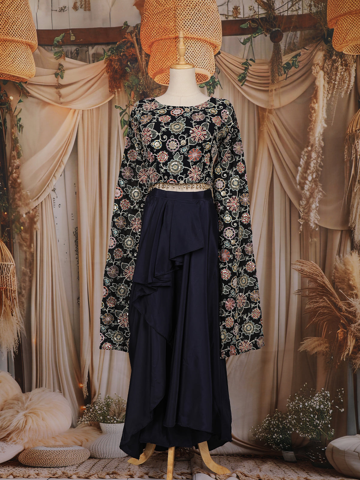 Navy Blue Floral Embroidered Georgette Crop Top with Draped Skirt