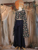 Navy Blue Floral Embroidered Georgette Crop Top with Draped Skirt