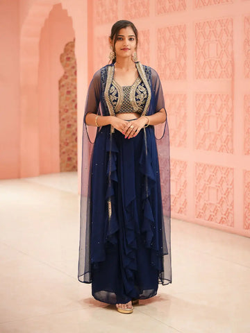 Navy Blue Floral Embroidered Georgette Indo-Western Lehenga With Cape - Diadem