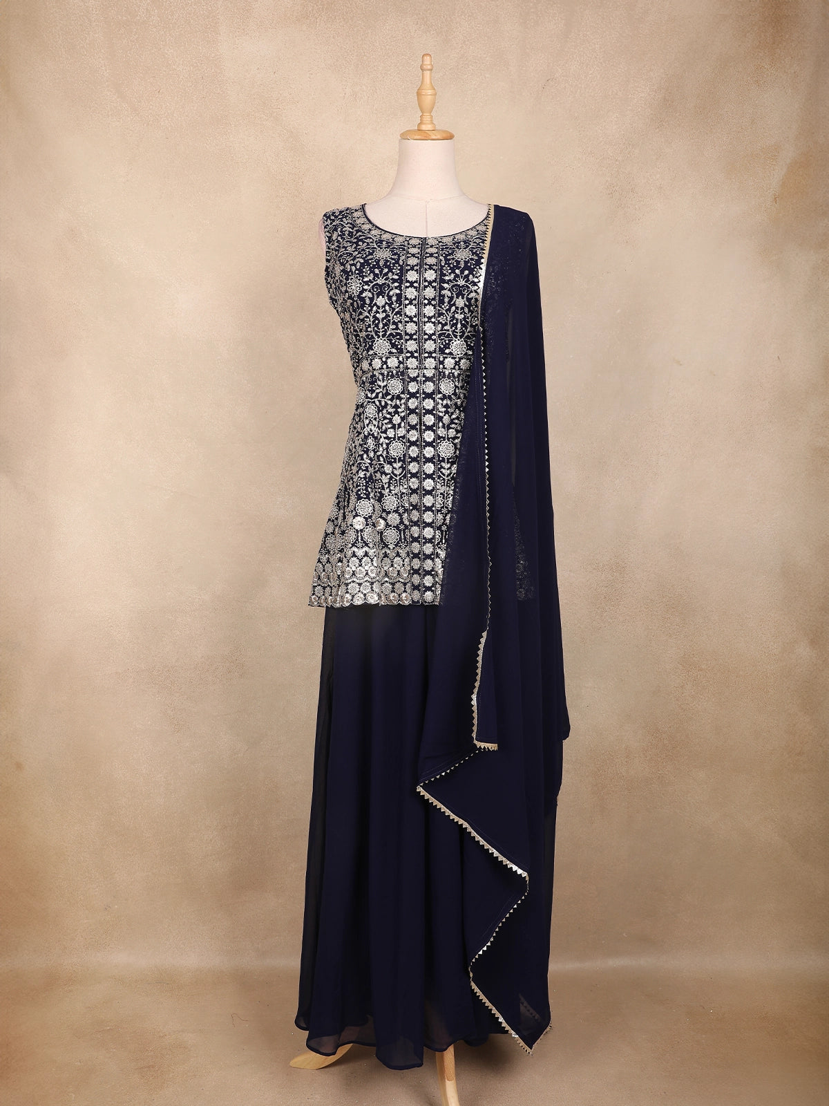 Navy Blue Floral Embroidered Georgette Peplum Palazzo Suit with Dupatta