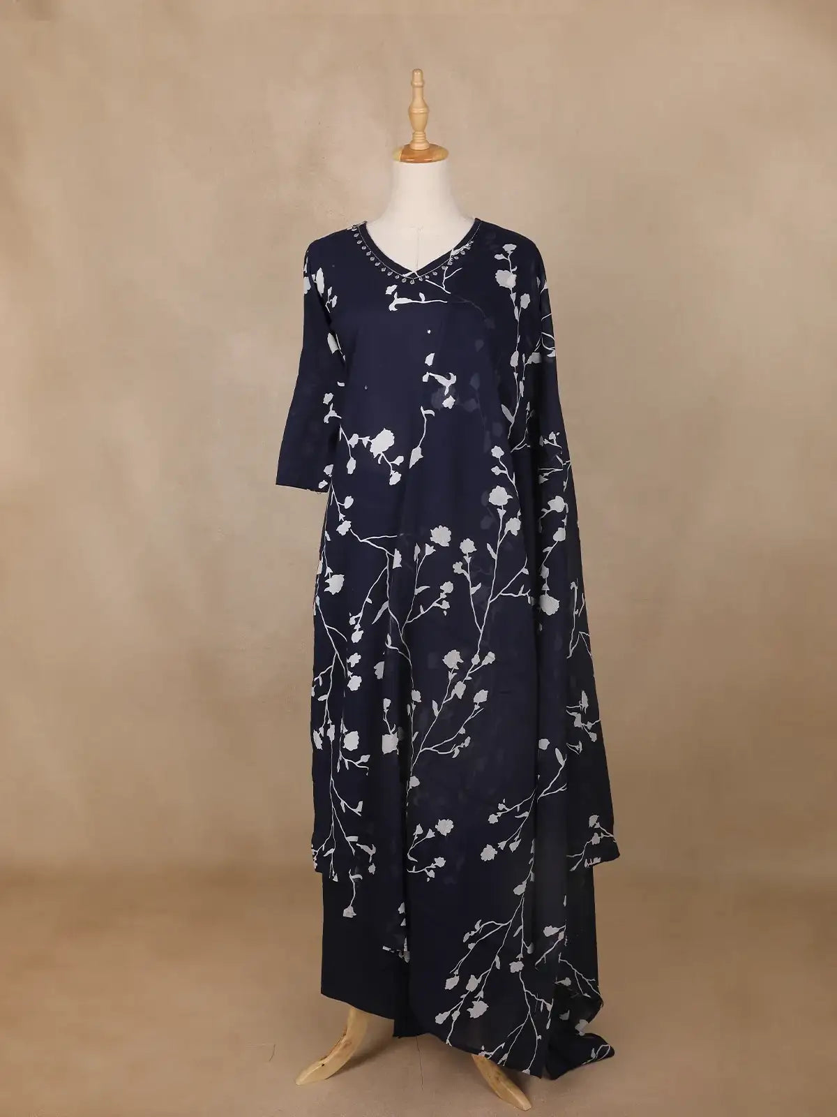 Navy Blue Floral Printed Cotton Salwar Suit - Diadem