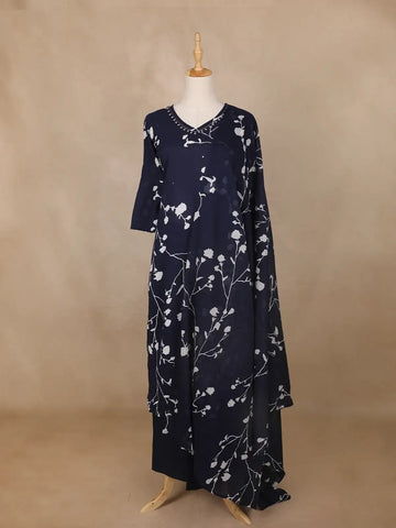 Navy Blue Floral Printed Cotton Salwar Suit - Diadem