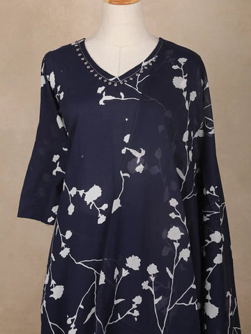 Navy Blue Floral Printed Cotton Salwar Suit - Diadem