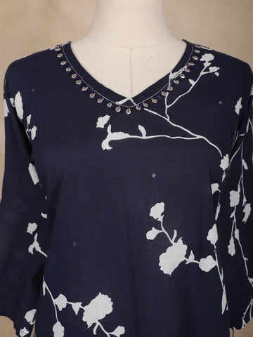 Navy Blue Floral Printed Cotton Salwar Suit - Diadem