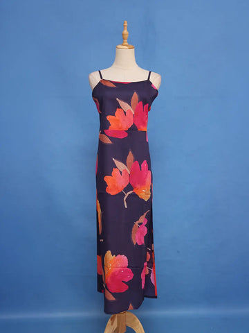 Navy Blue Floral Printed Cotton Kurti - Diadem