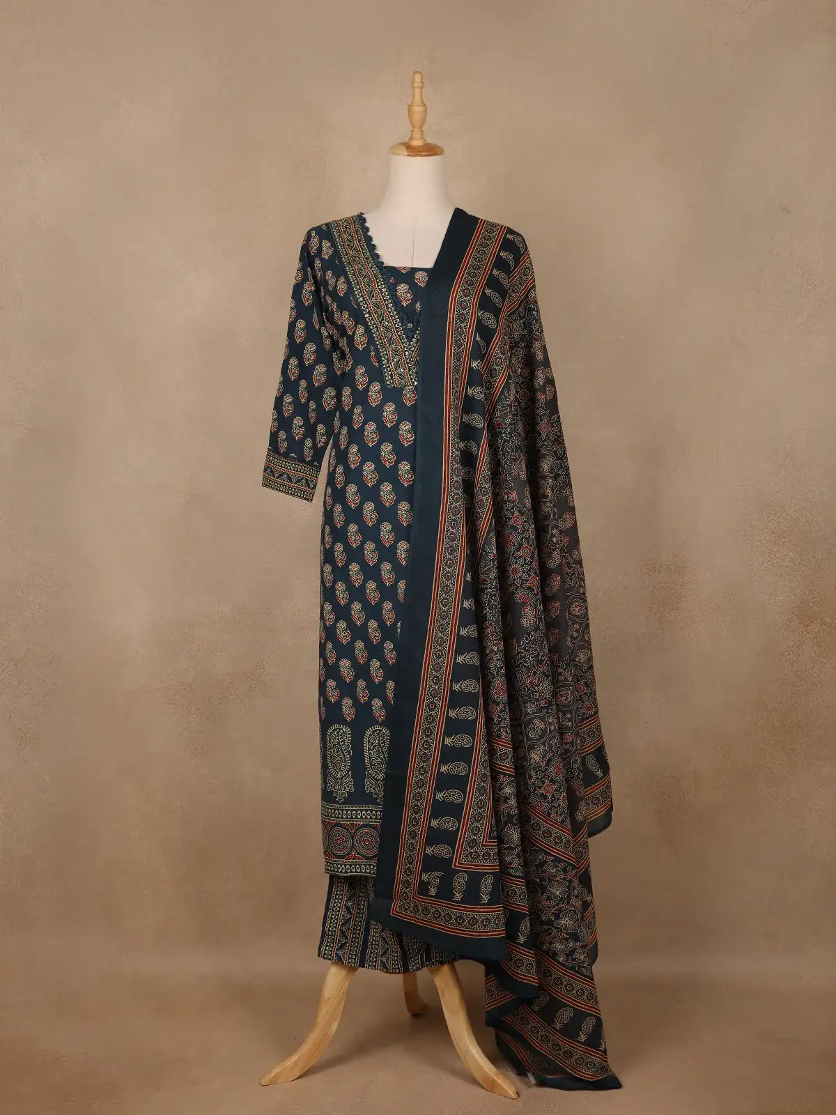 Navy Blue Floral Printed Cotton Salwar Suit - Diadem
