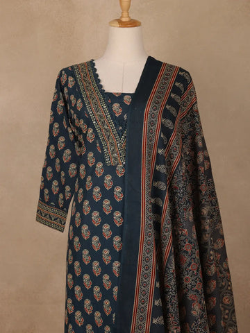 Navy Blue Floral Printed Cotton Salwar Suit - Diadem