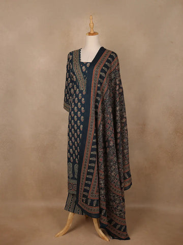 Navy Blue Floral Printed Cotton Salwar Suit - Diadem