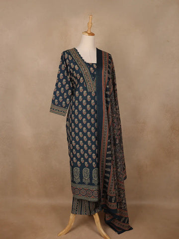 Navy Blue Floral Printed Cotton Salwar Suit - Diadem