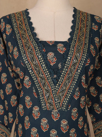 Navy Blue Floral Printed Cotton Salwar Suit - Diadem