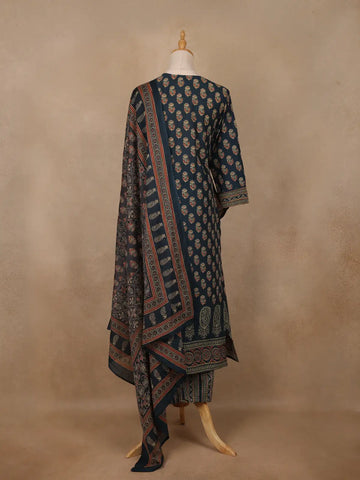 Navy Blue Floral Printed Cotton Salwar Suit - Diadem