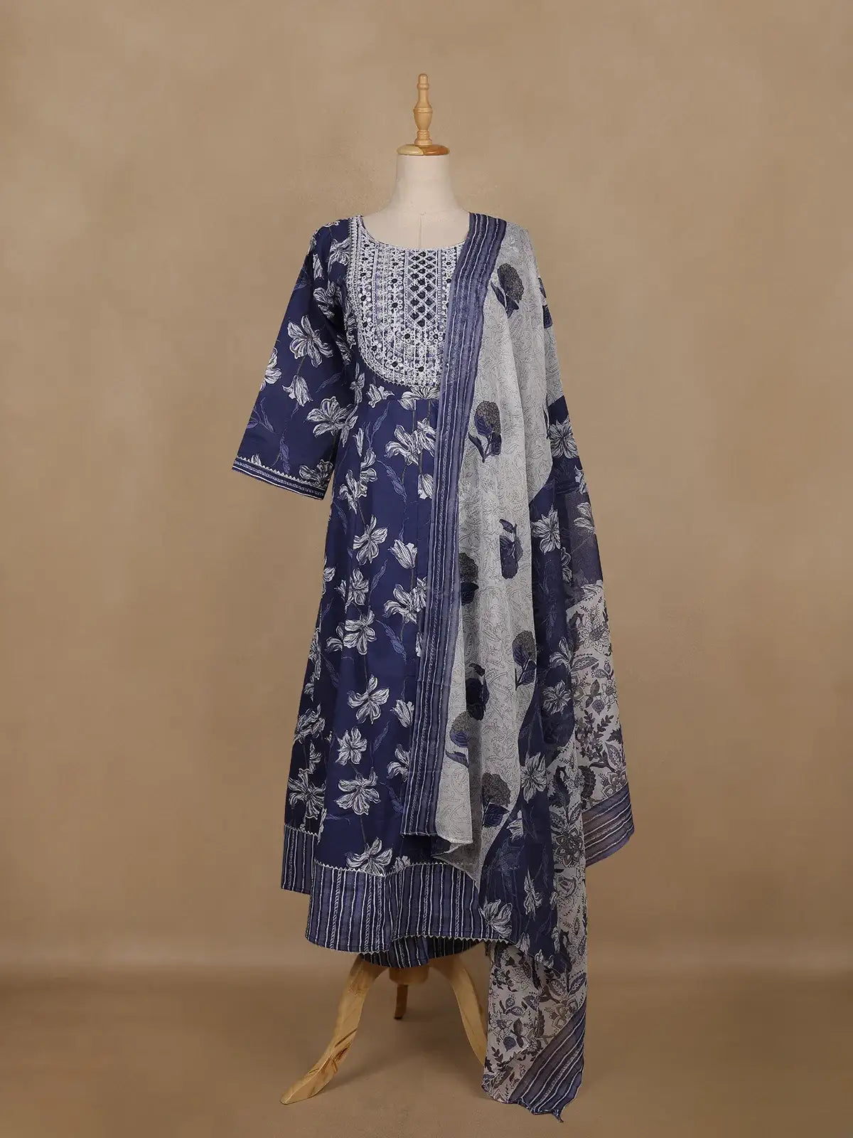 Navy Blue Floral Printed Cotton Salwar Suit With Dupatta - Diadem