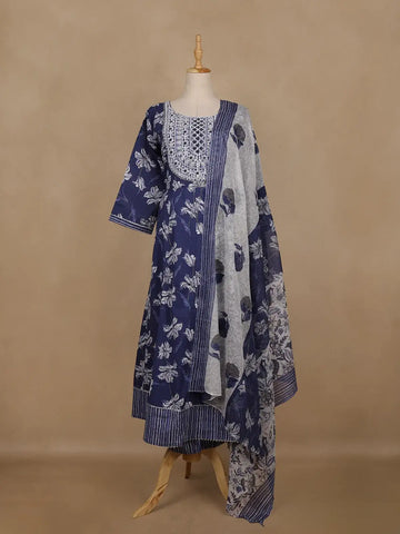 Navy Blue Floral Printed Cotton Salwar Suit With Dupatta - Diadem