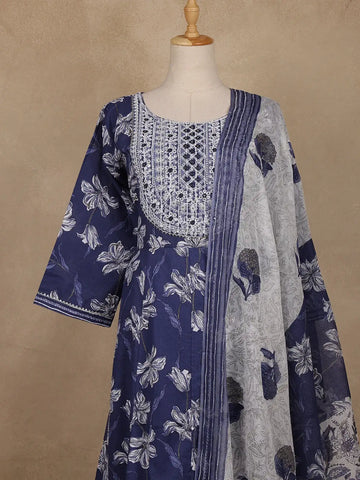 Navy Blue Floral Printed Cotton Salwar Suit With Dupatta - Diadem
