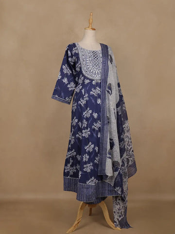 Navy Blue Floral Printed Cotton Salwar Suit With Dupatta - Diadem