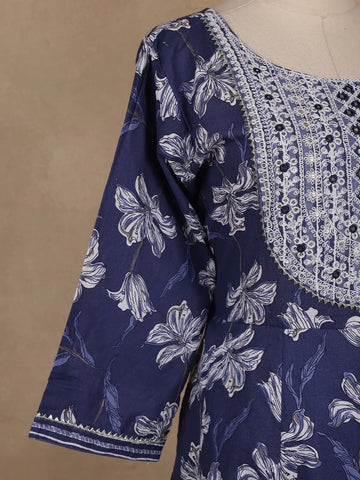 Navy Blue Floral Printed Cotton Salwar Suit With Dupatta - Diadem