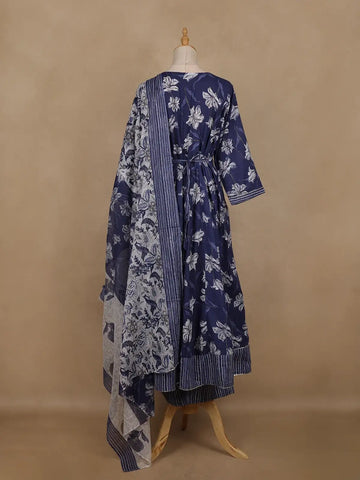 Navy Blue Floral Printed Cotton Salwar Suit With Dupatta - Diadem