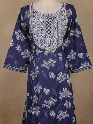 Navy Blue Floral Printed Cotton Salwar Suit With Dupatta - Diadem