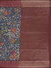 Navy Blue Floral Printed Design Semi Tussar Saree with Maroon Border