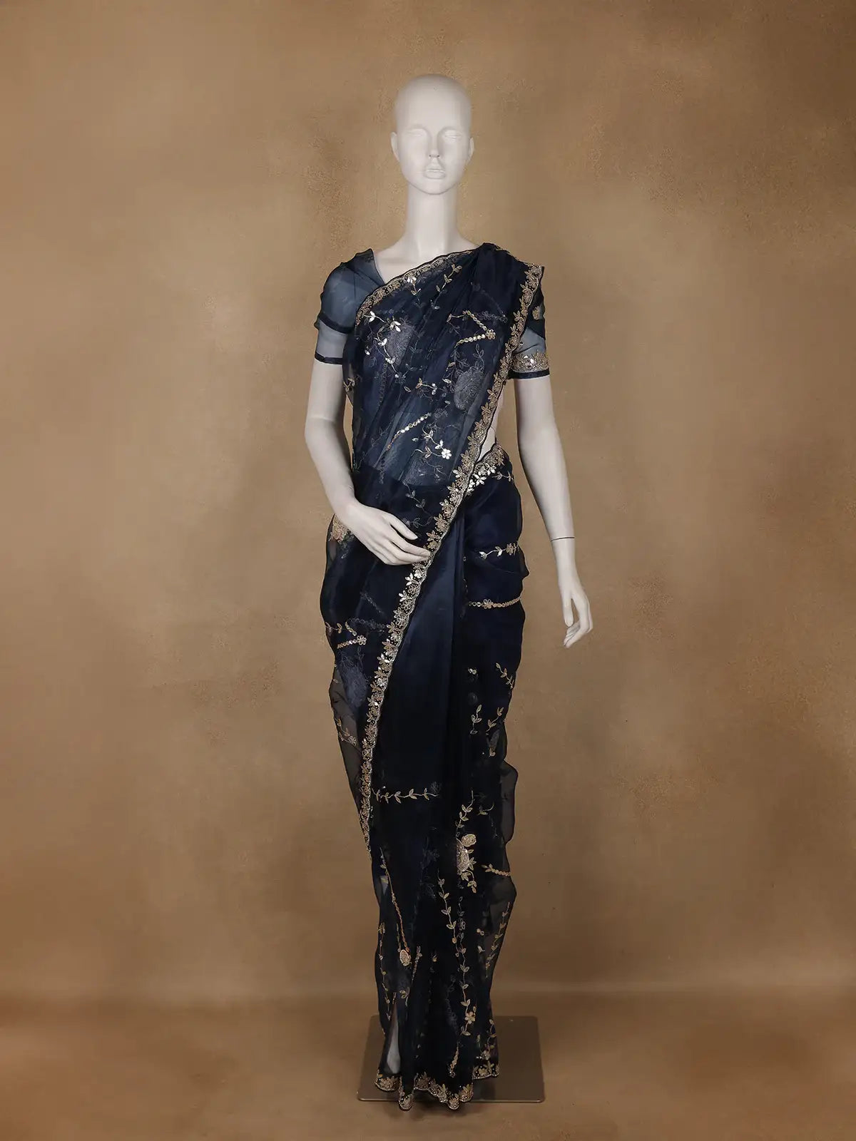 Navy Blue Floral Sequins Designed Net Saree - Diadem