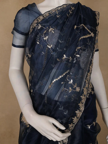 Navy Blue Floral Sequins Designed Net Saree - Diadem
