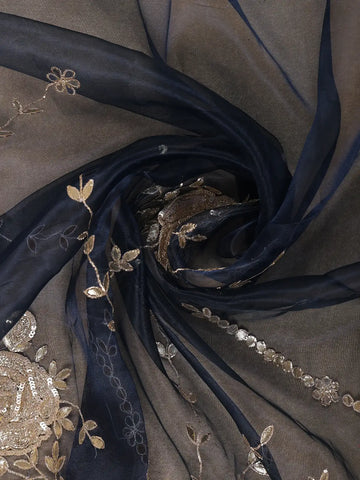 Navy Blue Floral Sequins Designed Net Saree - Diadem