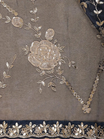 Navy Blue Floral Sequins Designed Net Saree - Diadem