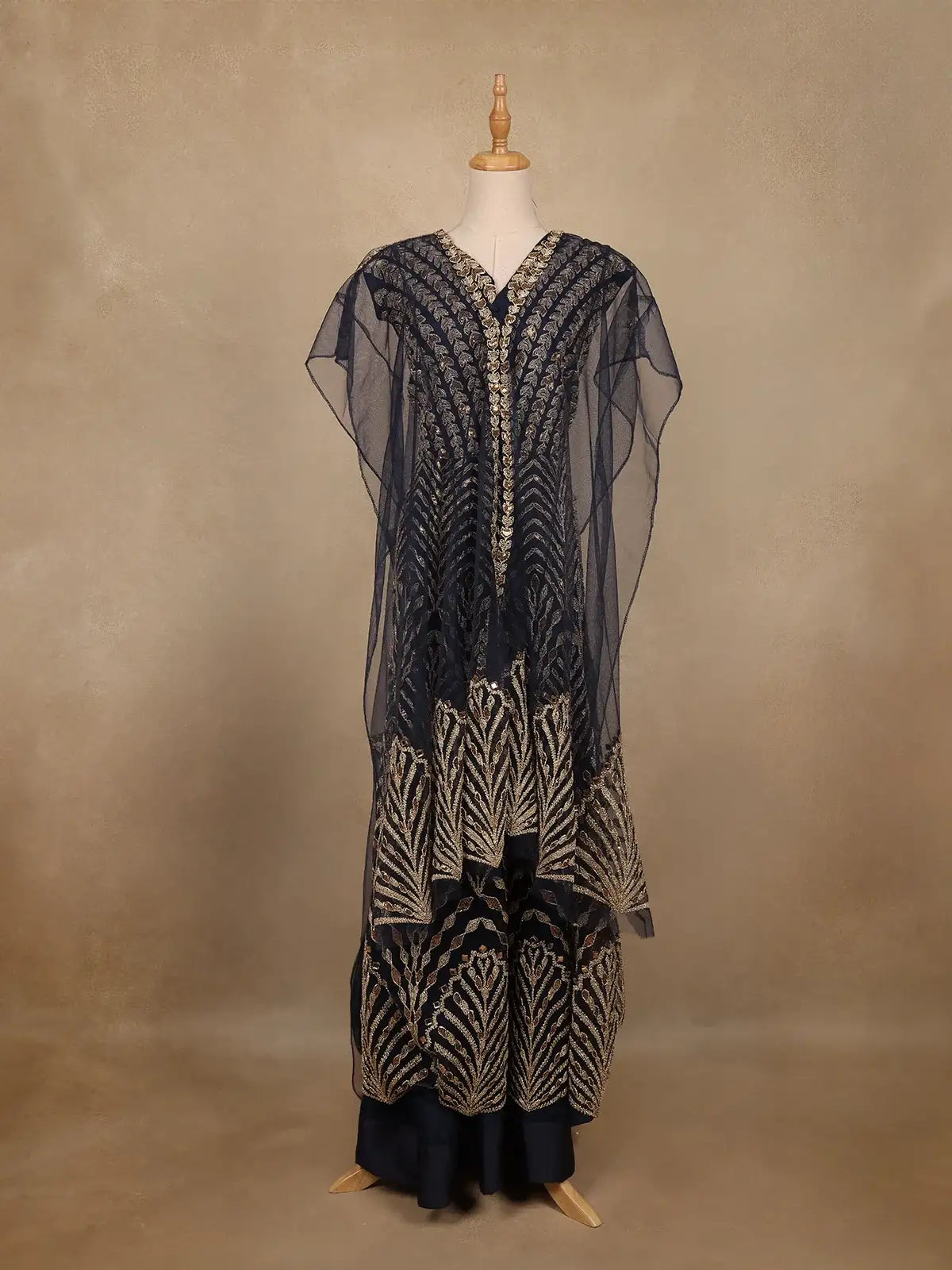 Navy Blue Floral Sequins Embroidered Net Gown - Diadem