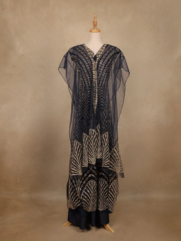 Navy Blue Floral Sequins Embroidered Net Gown - Diadem