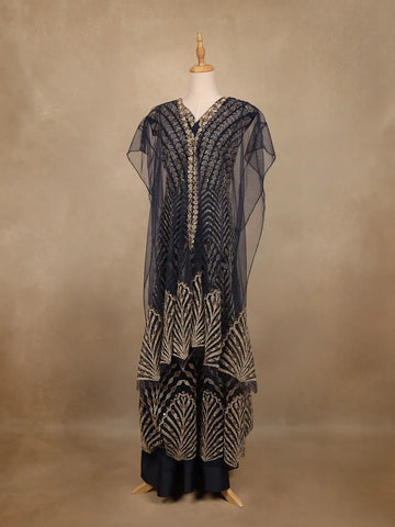 Navy Blue Floral Sequins Embroidered Net Gown - Diadem