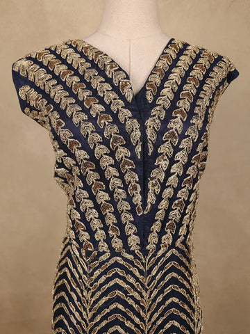 Navy Blue Floral Sequins Embroidered Net Gown - Diadem