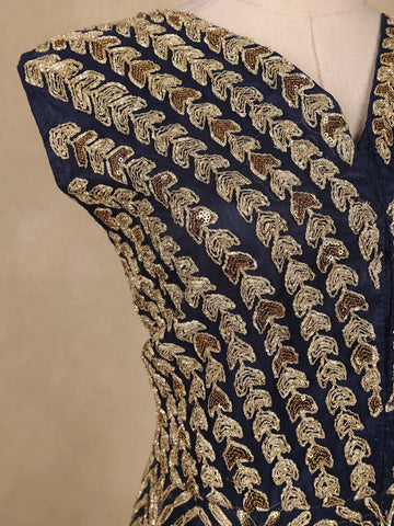 Navy Blue Floral Sequins Embroidered Net Gown - Diadem