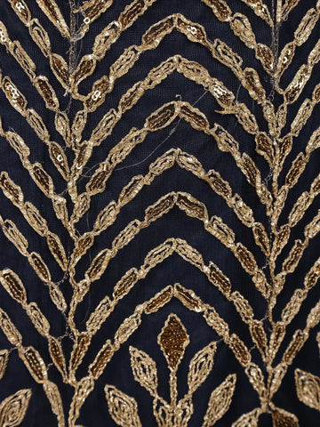 Navy Blue Floral Sequins Embroidered Net Gown - Diadem