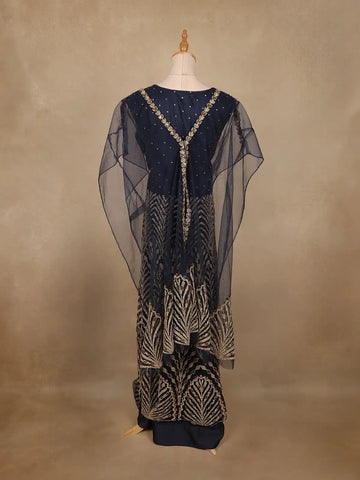 Navy Blue Floral Sequins Embroidered Net Gown - Diadem