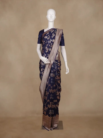 Navy Blue Floral Woven Banarasi Silk Saree with Zari Border - Diadem