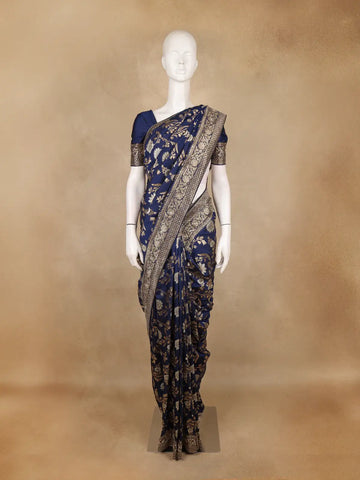 Navy Blue Floral Woven Design Banarasi Silk Saree - Diadem