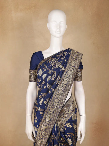 Navy Blue Floral Woven Design Banarasi Silk Saree - Diadem