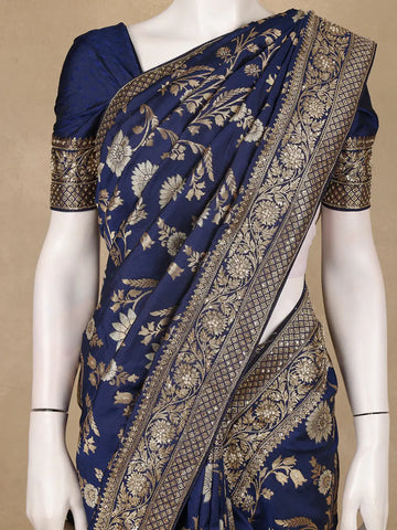 Navy Blue Floral Woven Design Banarasi Silk Saree - Diadem