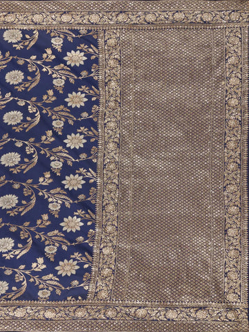 Navy Blue Floral Woven Design Banarasi Silk Saree - Diadem