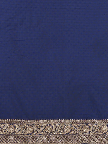 Navy Blue Floral Woven Design Banarasi Silk Saree - Diadem